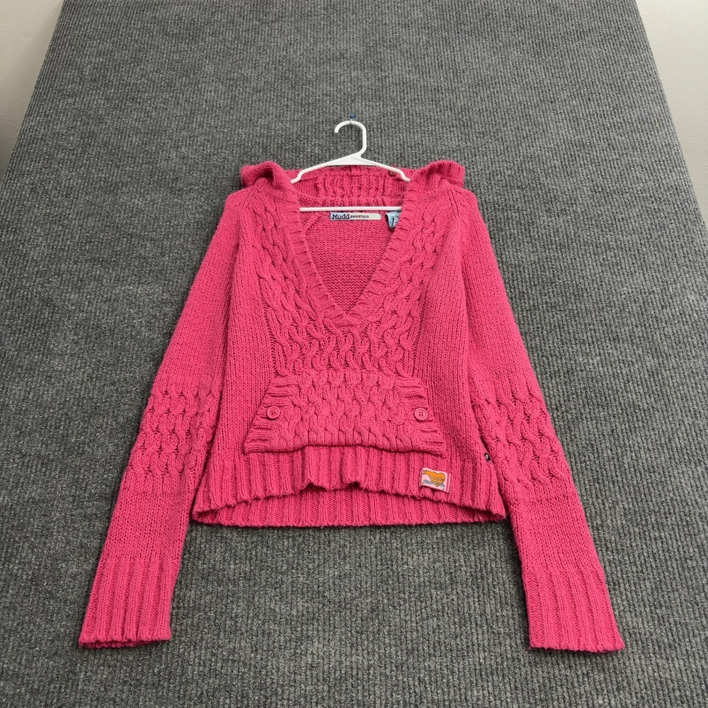 Mudd Sweater Womens S Pink Acrylic Cable Knit Hooded V Neck Pullover Y2K Style